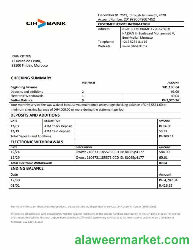 Morocco CIH bank proof of address statement template in Word and PDF format